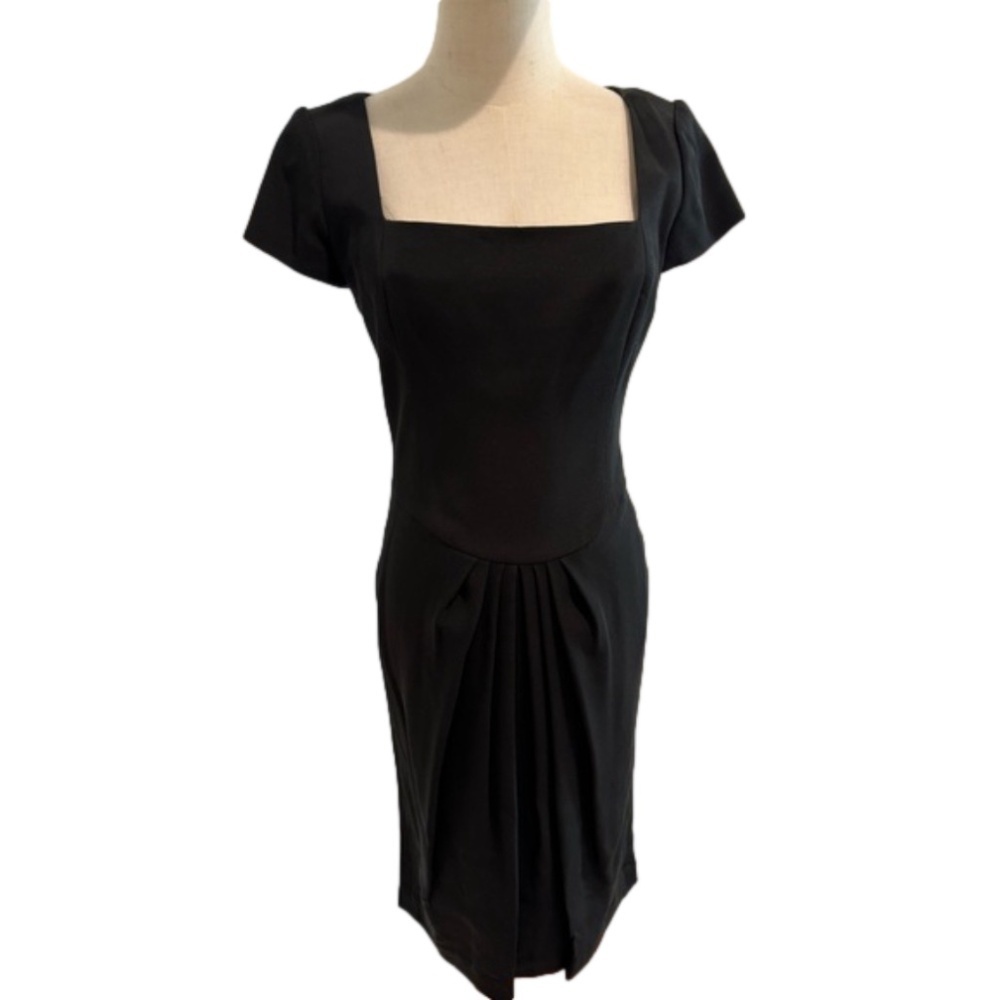 70s SILK LITTLE BLACK DRESS FITTED BODYCON SHORT SLEEVES PLEATED FRONT DETAIL 4 - Picture 3 of 9